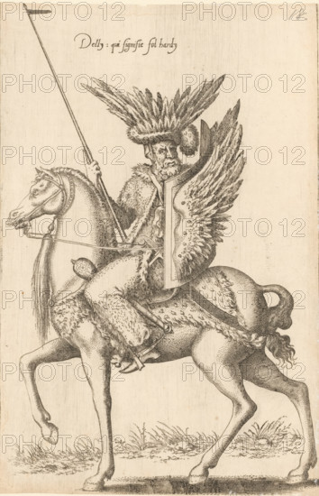 Rider on horseback, dressed in fur with shield and hat with feathers, Delly qui signifie fol hardy,