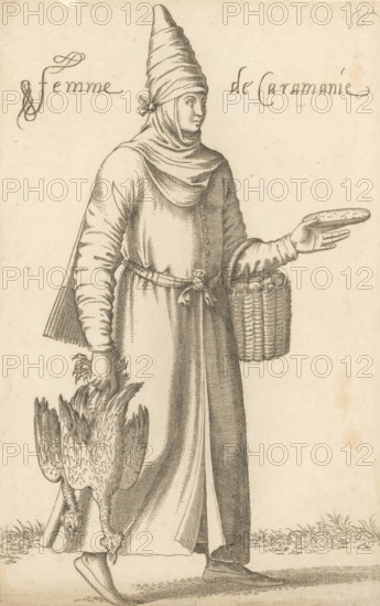 Femme de Caramanie, Woman with Poultry and a Basket of Eggs from Karaman, print, album cover, book