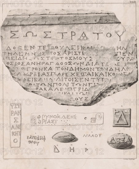 Greek inscriptions on stones, print, Series number, 3, One large and three smaller stones with