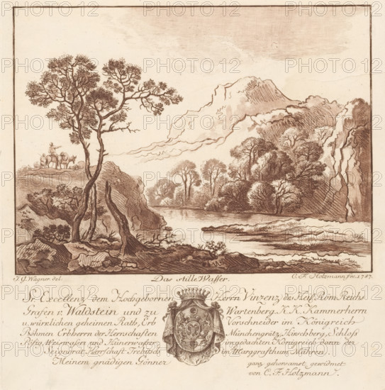 Mountain landscape with a river, Das stille Wasser, print, album page, Text in German in the lower