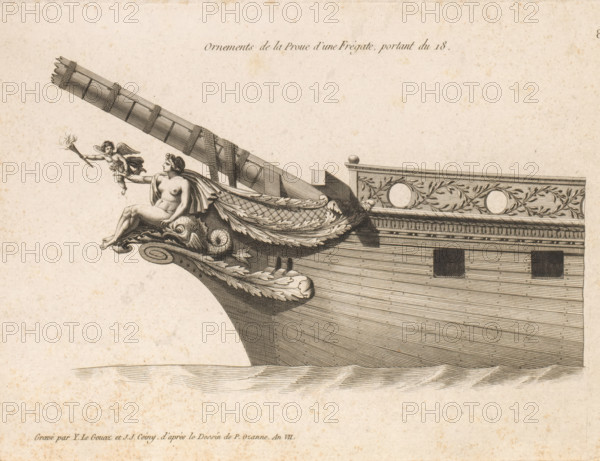 Prow and figurehead of a frigate, Ornements de la proue d'une frégate, portant du 18, Ornements de