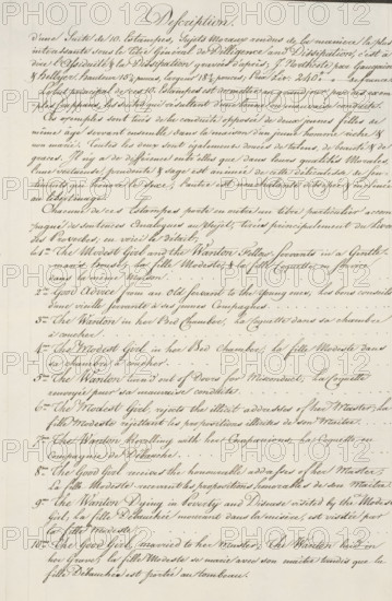 Table of contents for the series: Diligence and Dissipation, Virtue and debauchery, text sheet,