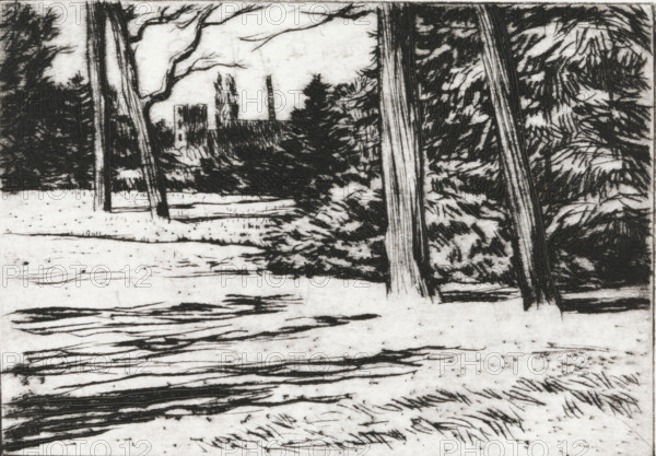 Forest and chimney, print, In the foreground a forest and in the background on the horizon a