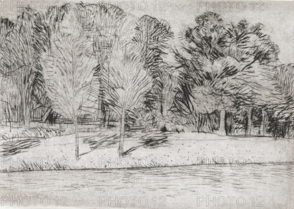 Park by the water, print, a bench in the middle of the image., signature and date: 'KEES STOOP',
