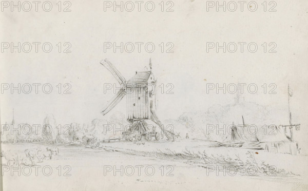 Landscape with windmill, sketchbook page, In the foreground a meadow with grazing cattle and in the