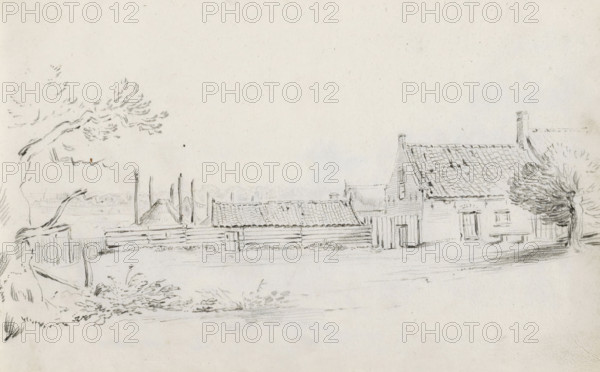Farm with barns and a haystack, sketchbook page, Page 17 recto from a sketchbook with 39 pages.,