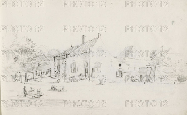 Farmyard with laundry, an animal and figures, sketchbook page, Page 21 recto from a sketchbook with