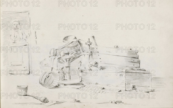 Courtyard with household goods and farmer's wife in a doorway, sketchbook page, Courtyard with a