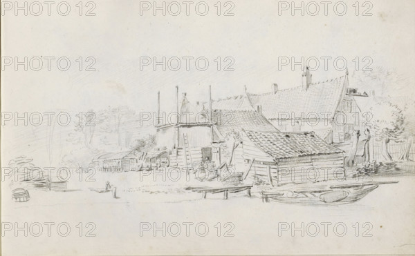Farm and yard by a waterside, sketchbook page, Landscape with a farm and yard on which agricultural