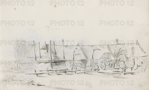 Farmyard with a haystack and two carts, sketchbook page, Page 7 recto from a sketchbook with 39