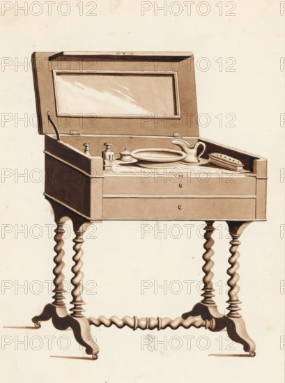 Design for a men's dressing table, drawing, album page, Men's dressing table on twisted legs with