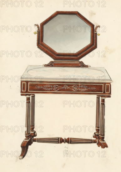 Design for a dressing table with octagonal mirror, drawing, album page, Dressing table with marble