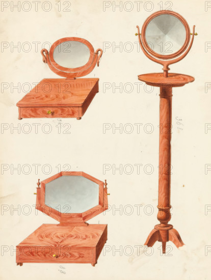 Design for a shaving mirror and two designs for toilet mirrors, drawing, album page, Shaving mirror