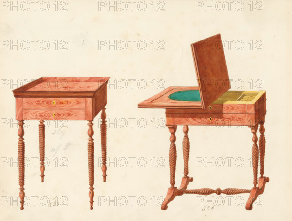 Design for a knitting table and a game table, drawing, album page, A knitting table and a game