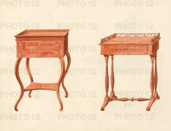 Design for a chest of drawers and a knitting table, drawing, album page, Designs for a chest of