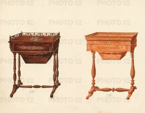 Two designs for knitting tables, drawing, album page, one with an openwork design and executed in