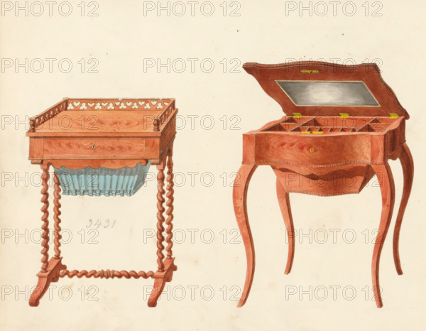 Two designs for dressing tables, drawing, album page, one with an openwork mahogany base and on