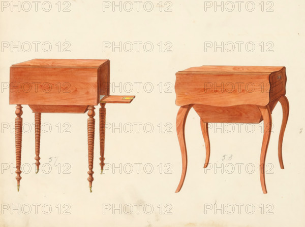 Two designs for nightstands, drawing, album page, Two designs for a nightstand (Vide poche model).