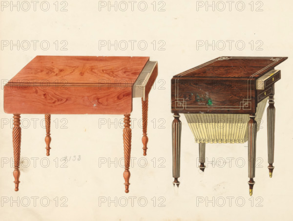 Two designs for panel tables, drawing, album page, one of mahogany on twisted legs and one of