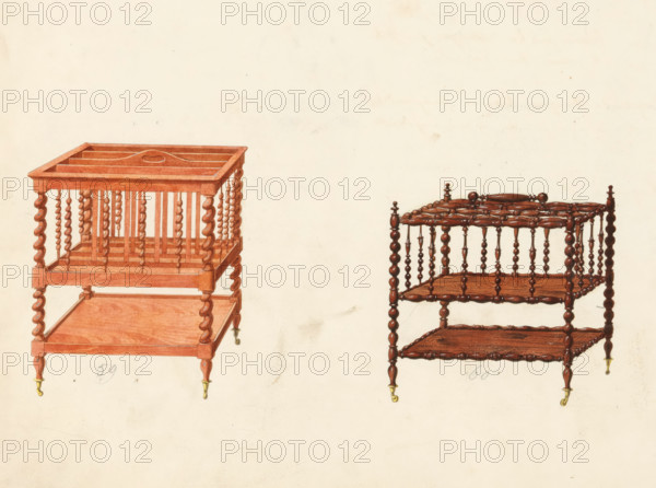 Two designs for music racks, drawing, album page, Two designs for racks for music sheets, one in