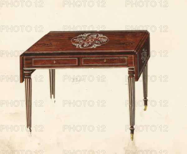 Design for a panel table, drawing, album page, Design for a panel table in inlaid rosewood with two