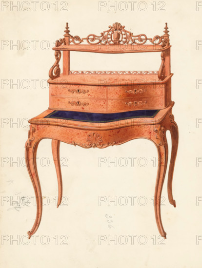 Design for a ladies' desk, drawing, album page, Design for a ladies' desk in mahogany (Louis XV