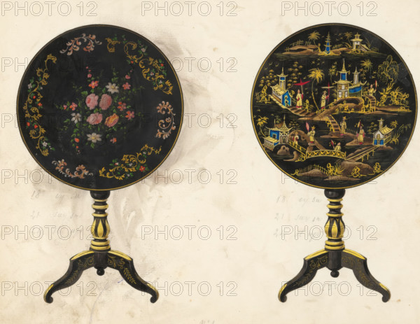 Two table designs, drawing, album page, Two designs for tables with folding tops decorated with