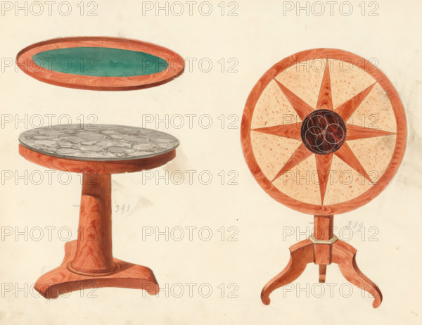 Design for a gueridon and a table, drawing, album page, Two designs, one for a gueridon with a