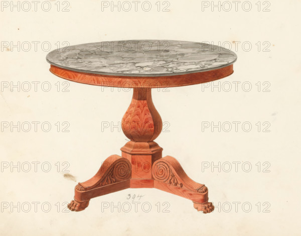 Design for a table, drawing, album page, Design for a table with a carved mahogany base and a round