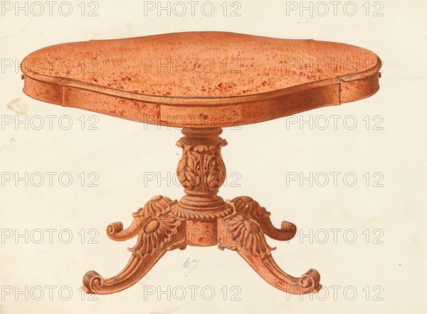 Design for a family table, drawing, album page, Design for an oval family table made entirely of