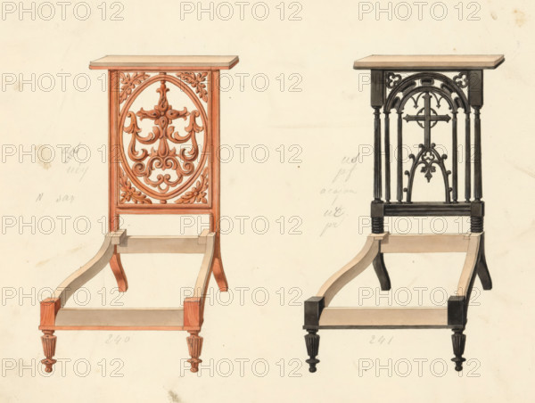Two designs for prie-dieus, drawing, album page, Two designs for prie-dieus (prayer chairs) in two