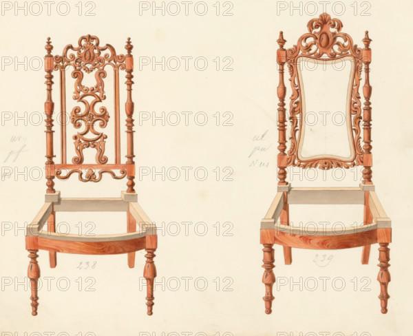 Two designs for chairs, drawing, album page, Two designs for chairs without (seat) upholstery, one