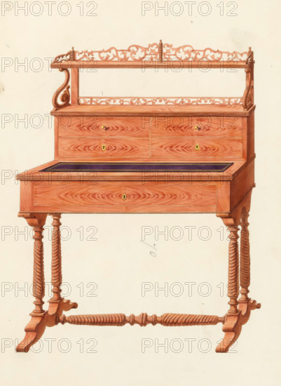 Design for a ladies' desk, drawing, album page, Design for a ladies' desk in mahogany with a drawer