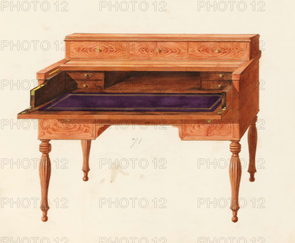 Design for a 'piano desk', drawing, album page, Design for a so-called 'piano desk' with a flap and