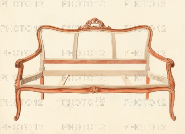 Design for a Louis XV-style sofa, drawing, album page, Design for a sofa decorated with wood