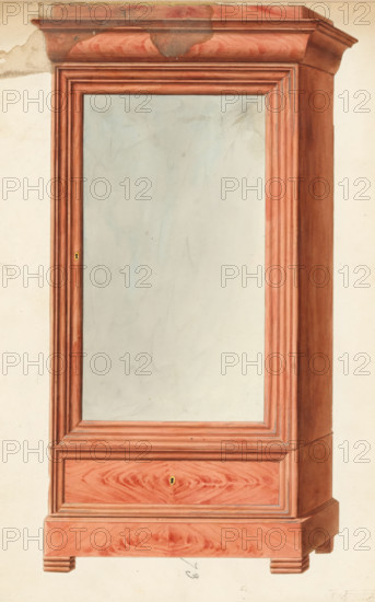 Design for a cabinet, drawing, album page, Design of a cabinet with a mirror and a drawer at the