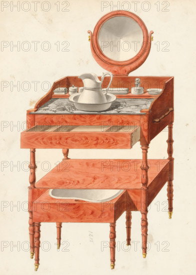 Design for a dressing table with built-in bidet, drawing, album page, Dressing table with marble