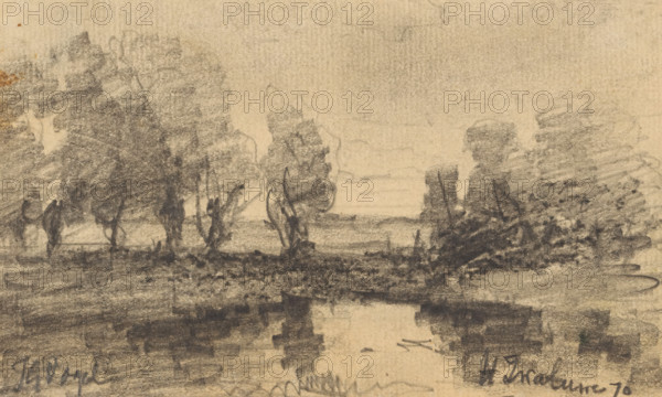 Trees along a waterfront at Hooge Zwaluwe, drawing, date and inscription: 'H Zwaluwe 70', draftsman