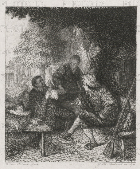 Resting travelers, print, printmaker: Johannes Arnoldus Boland, Amsterdam, after painting by