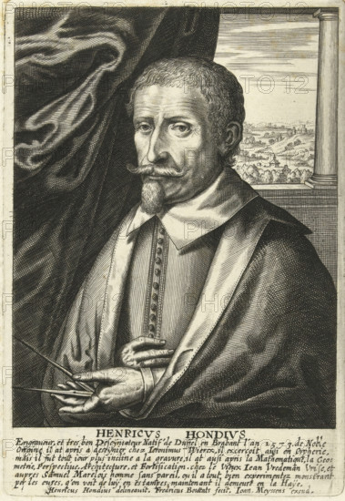 Portrait of Hendrik Hondius, Henricus Hondius, print, A rectangular self-portrait of Hendrik