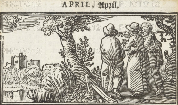 Emmaus Pilgrims, April, Months of the year, print, book illustration, Christ walks with two
