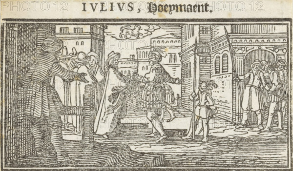 July, Months of the year, print, book illustration, A richly dressed man makes a gesture towards a