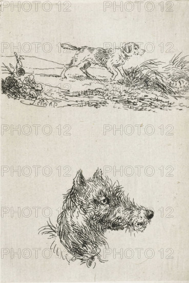 Dog's head and dog in landscape, print, printmaker: Guillaume Anne van der Brugghen, Netherlands,