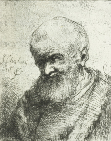 Old man, print, The portrait is of an old man with a beard and a fur coat. Bust facing left.,