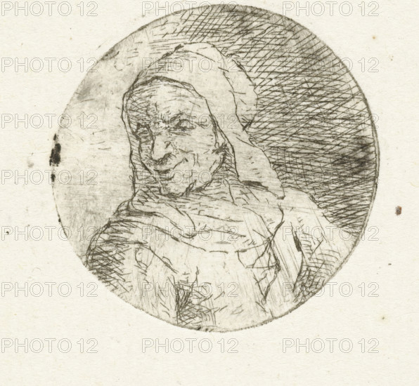 Bust of an unknown woman, print, In a round frame, the bust of an unknown adult woman. Bust facing