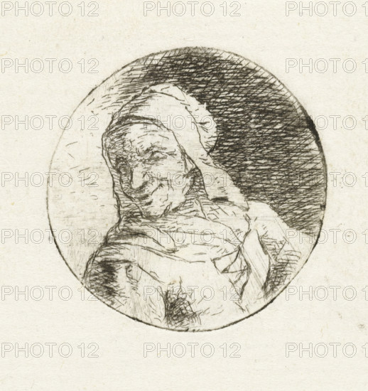 Bust of an unknown woman, print, In a round frame, the bust of an unknown adult woman. Bust facing