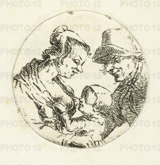 Farmer and farmer's wife with child (version 2), print, Portrait in a round frame of an unknown