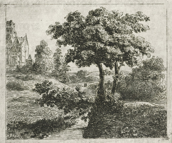 Landscape with church on a hill, print, printmaker: Johannes Adrianus van der Drift, Netherlands,
