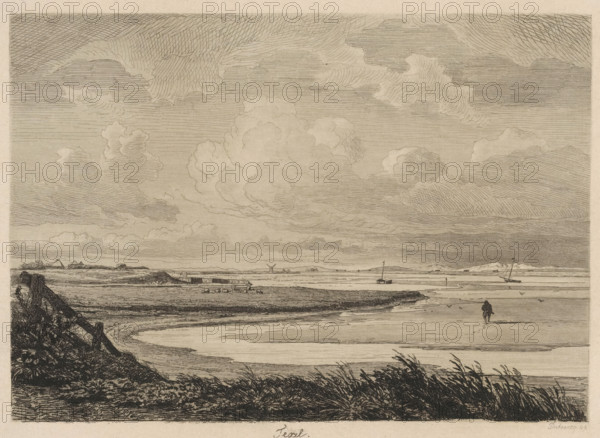 Texel, Six etching proofs, print, View of a bay on the coast of Texel with a mudflat walker. Across