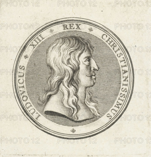 Coin with bust of Louis XIII, print, Obverse of a coin with bust in profile of Louis XIII, issued
